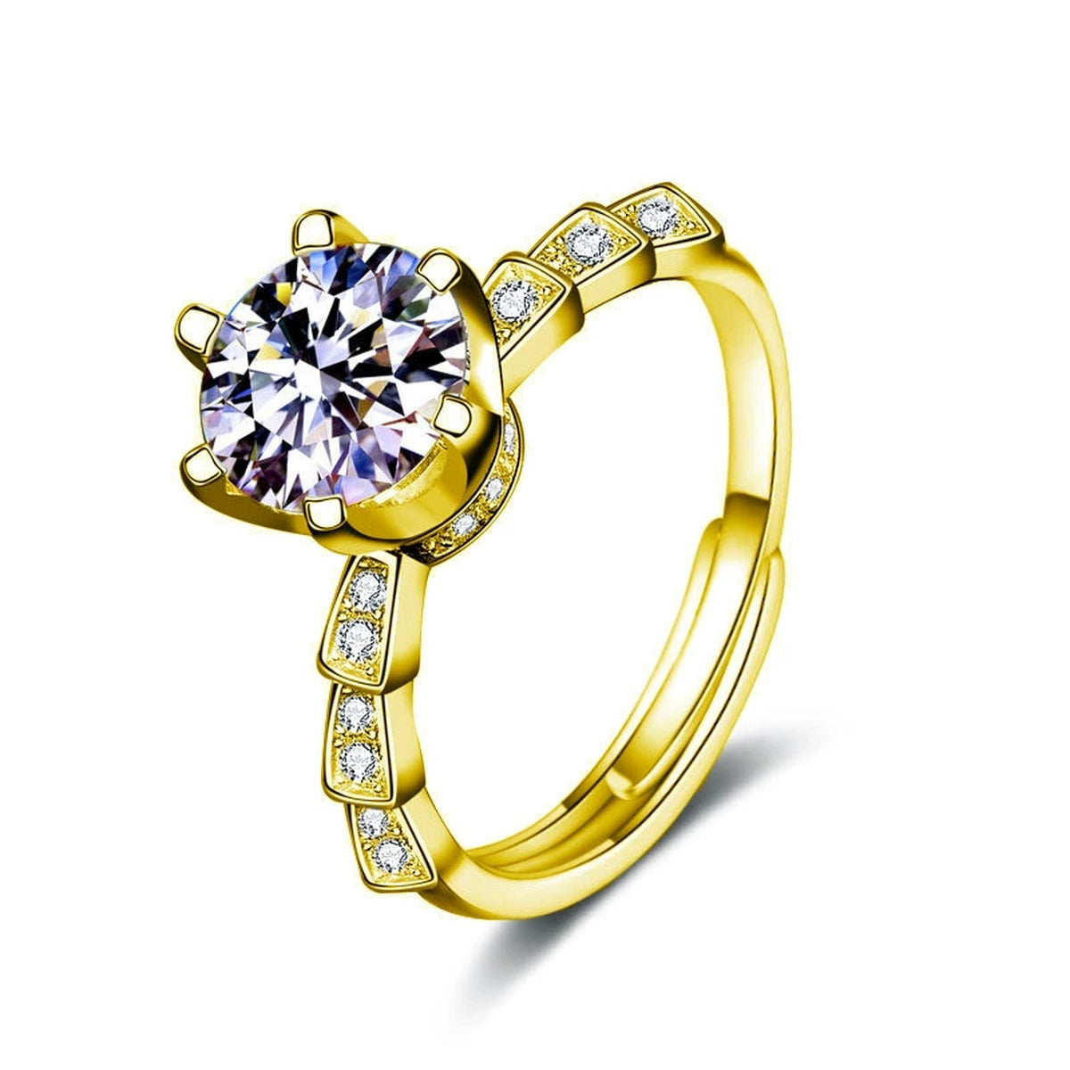 Six-Prong Round Moissanite Adjustable Engagement Ring with CZ in gold-plated S925 sterling silver on clean white background