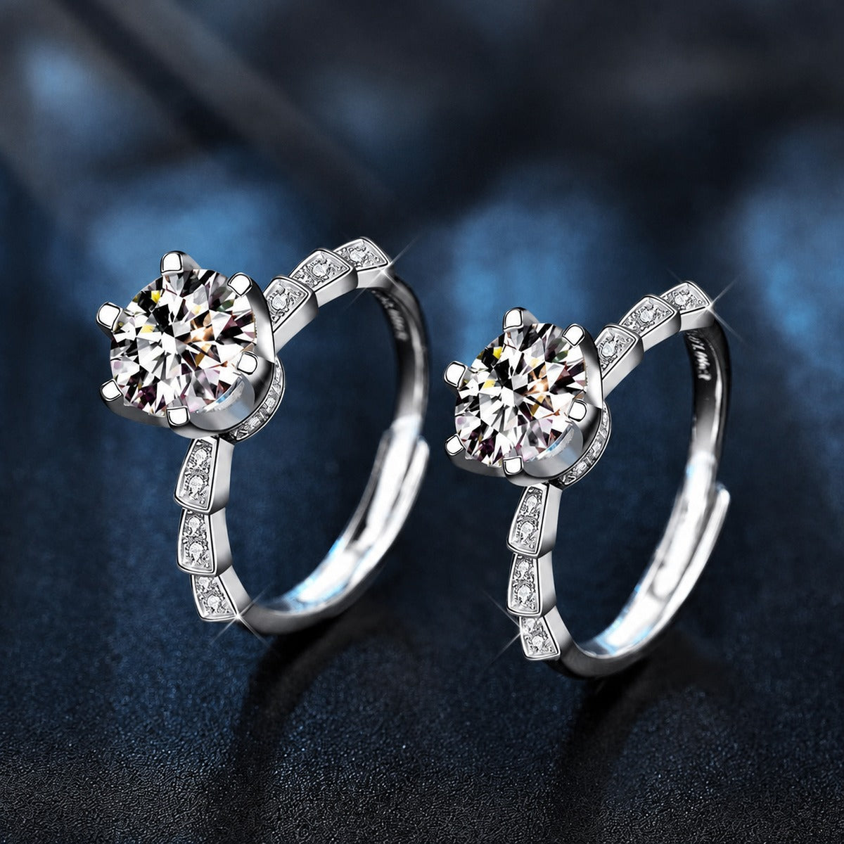 Six-Prong Round Moissanite Adjustable Engagement Ring with CZ close-up detail view with moissanite sparkle