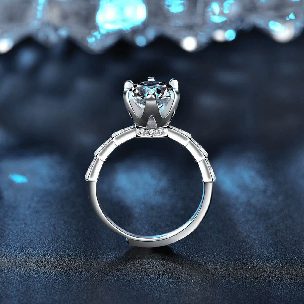 Six-Prong Round Moissanite Adjustable Engagement Ring with CZ close-up detail view with moissanite sparkle