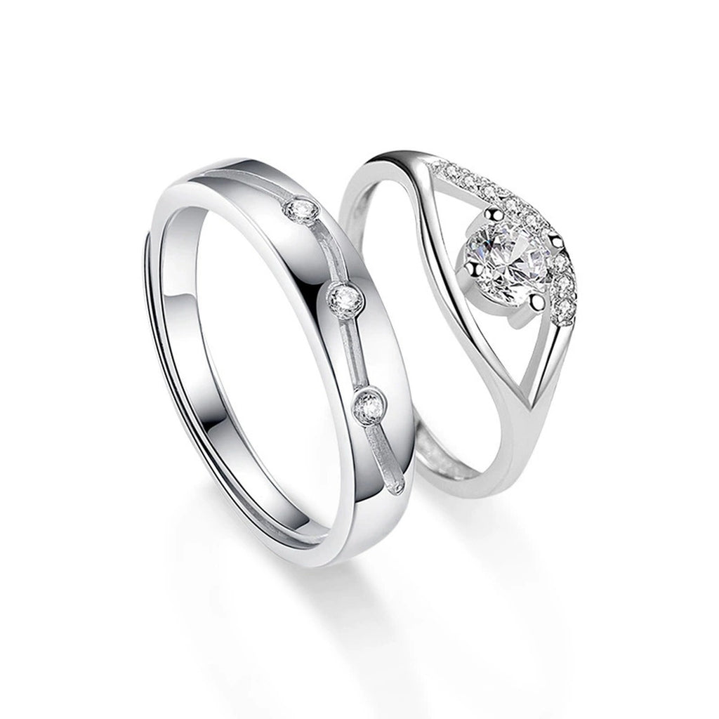 Modern Couples Adjustable Wedding Rings with CZ in white gold-plated S925 sterling silver on clean white background