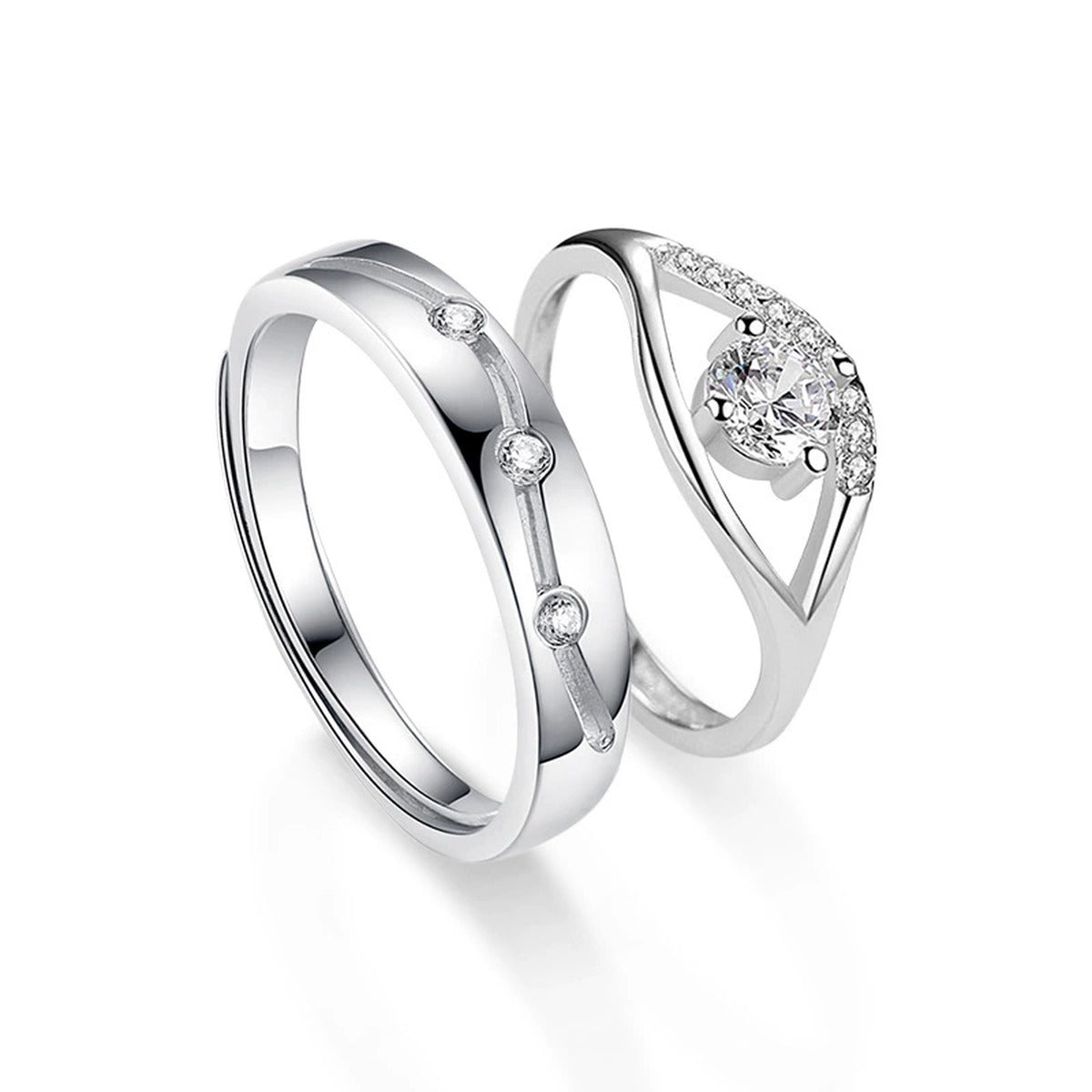 Modern Couples Adjustable Wedding Rings with CZ in white gold-plated S925 sterling silver on clean white background