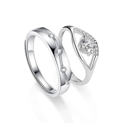 Modern Couples Adjustable Wedding Rings with CZ in white gold-plated S925 sterling silver on clean white background