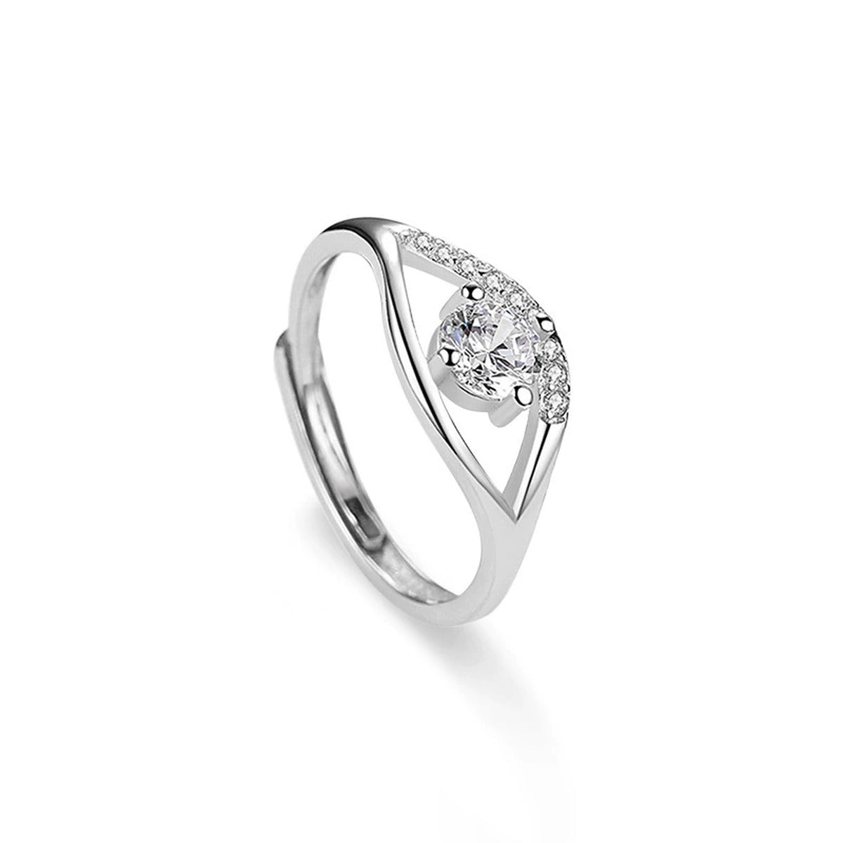 Modern Couples Adjustable Wedding Rings with CZ in white gold-plated S925 sterling silver on clean white background