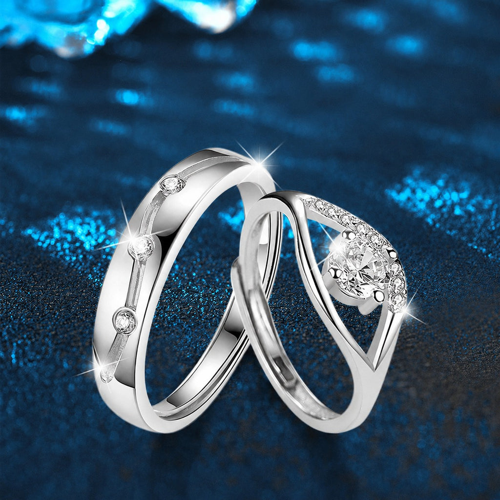Modern Couples Adjustable Wedding Rings with CZ close-up detail view with moissanite sparkle