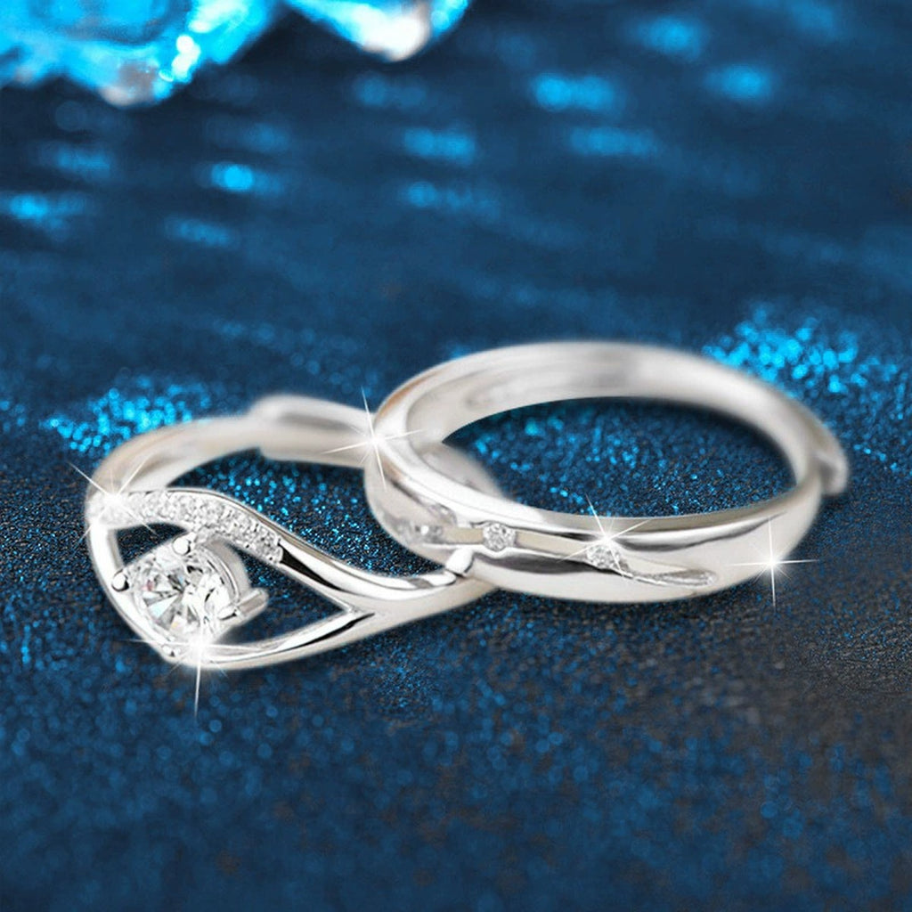 Modern Couples Adjustable Wedding Rings with CZ close-up detail view with moissanite sparkle