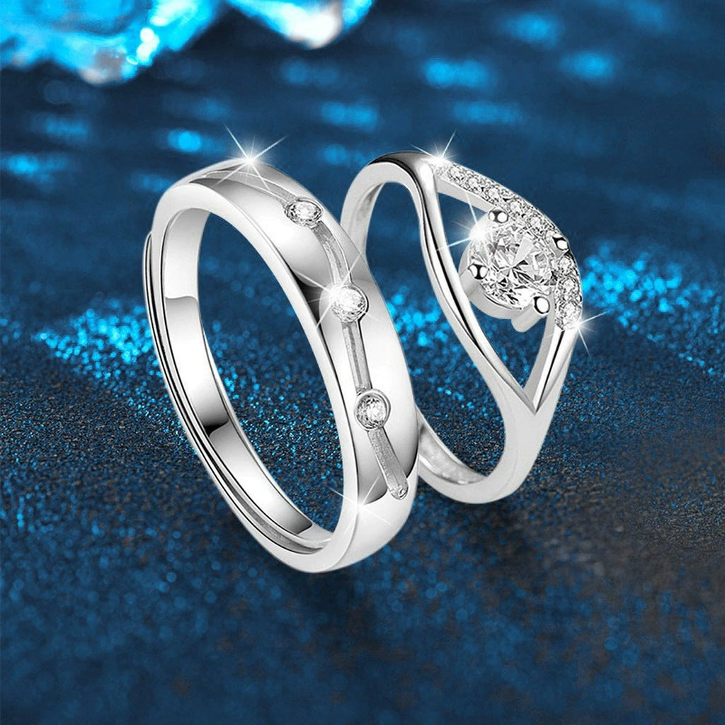 Modern Couples Adjustable Wedding Rings with CZ close-up detail view with moissanite sparkle