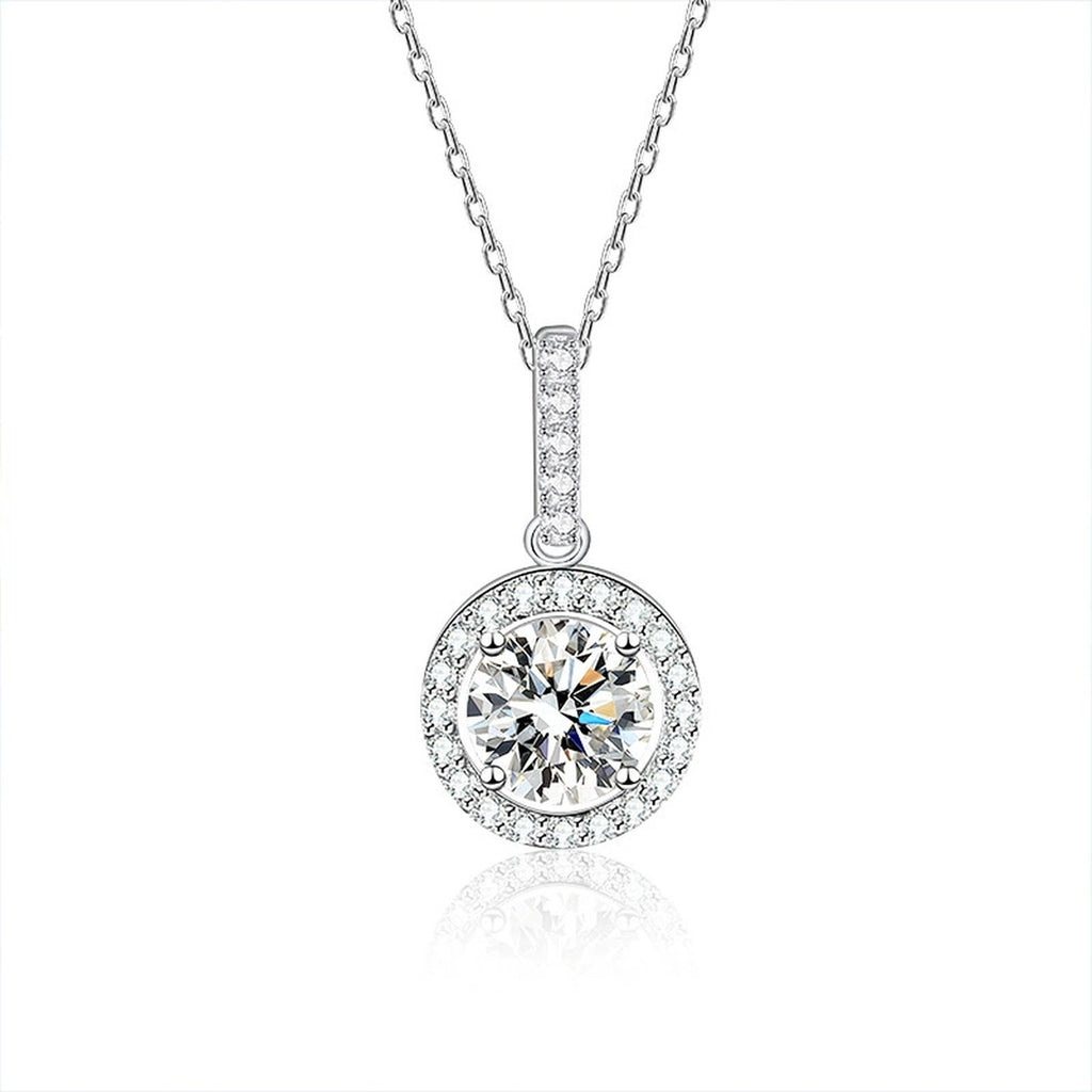 Classic Halo Round Moissanite Necklace with CZ in White Gold-Plated S925 sterling silver white background product photo showing classic round halo pendant with a 1 ct moissanite center and CZ bail