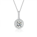 Classic Halo Round Moissanite Necklace with CZ in White Gold-Plated S925 sterling silver white background product photo showing classic round halo pendant with a 1 ct moissanite center and CZ bail