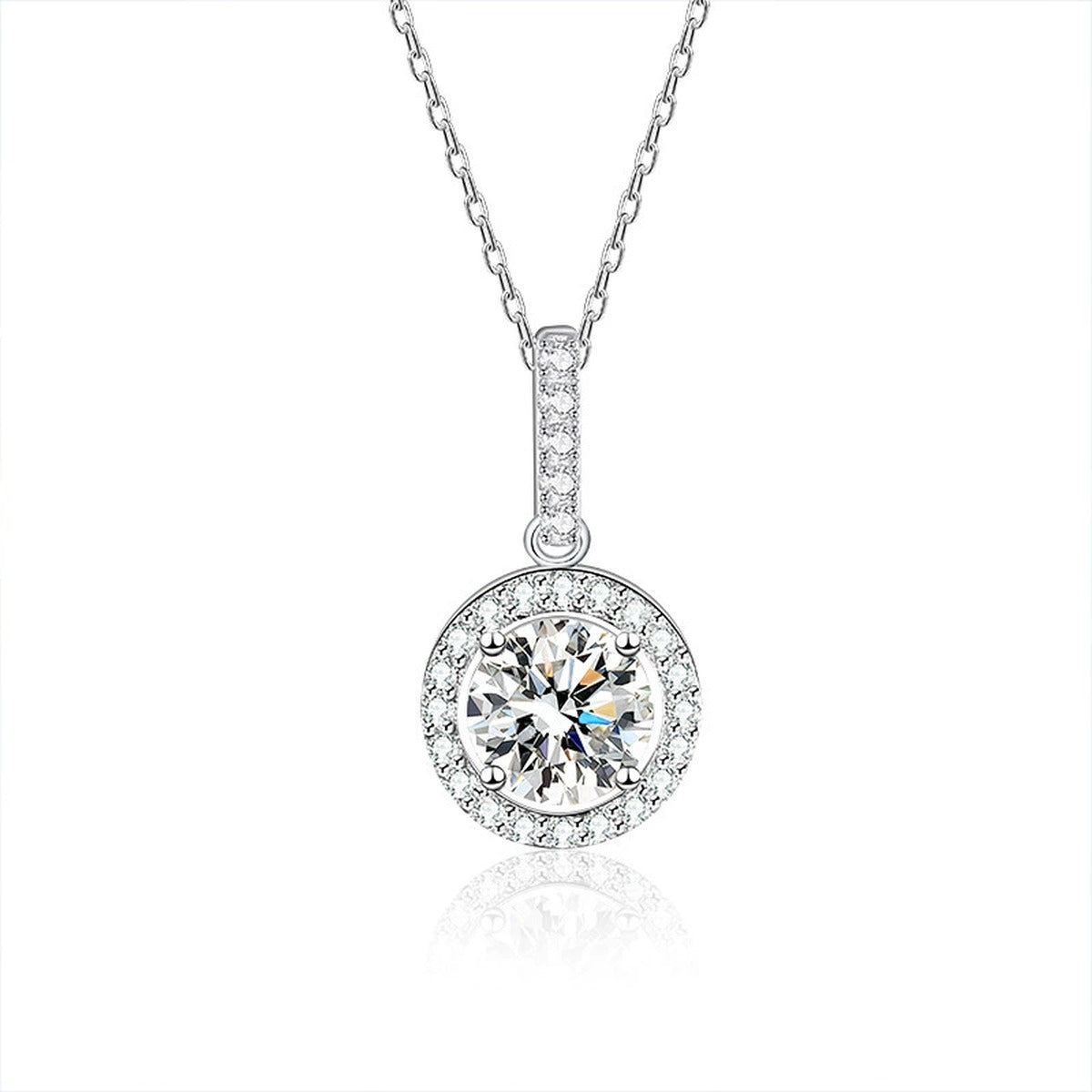 Classic Halo Round Moissanite Necklace with CZ in White Gold-Plated S925 sterling silver white background product photo showing classic round halo pendant with a 1 ct moissanite center and CZ bail