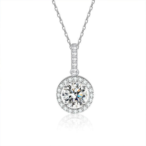 Classic Halo Round Moissanite Necklace with CZ in White Gold-Plated S925 sterling silver white background product photo showing classic round halo pendant with a 1 ct moissanite center and CZ bail