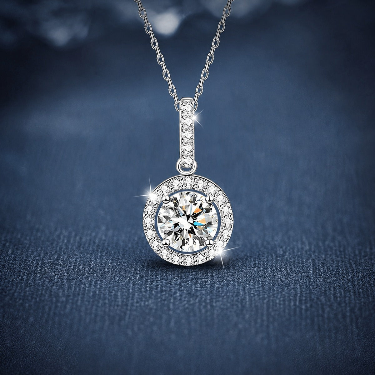 Classic Halo Round Moissanite Necklace with CZ in White Gold-Plated S925 sterling silver close-up product scene showing pendant setting
