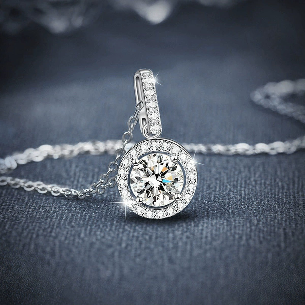 Classic Halo Round Moissanite Necklace with CZ in White Gold-Plated S925 sterling silver blue display scene showing chain and stone layout