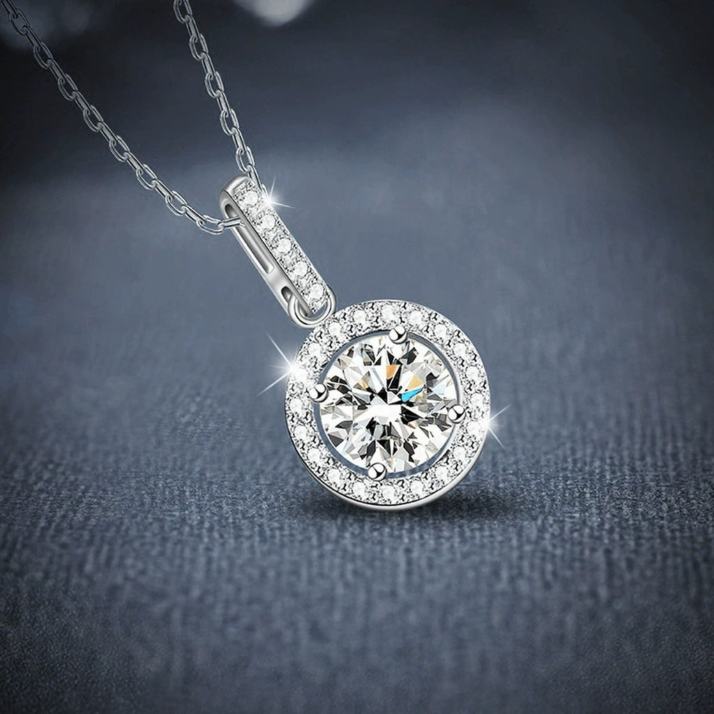 Classic Halo Round Moissanite Necklace with CZ in White Gold-Plated S925 sterling silver angled product detail view