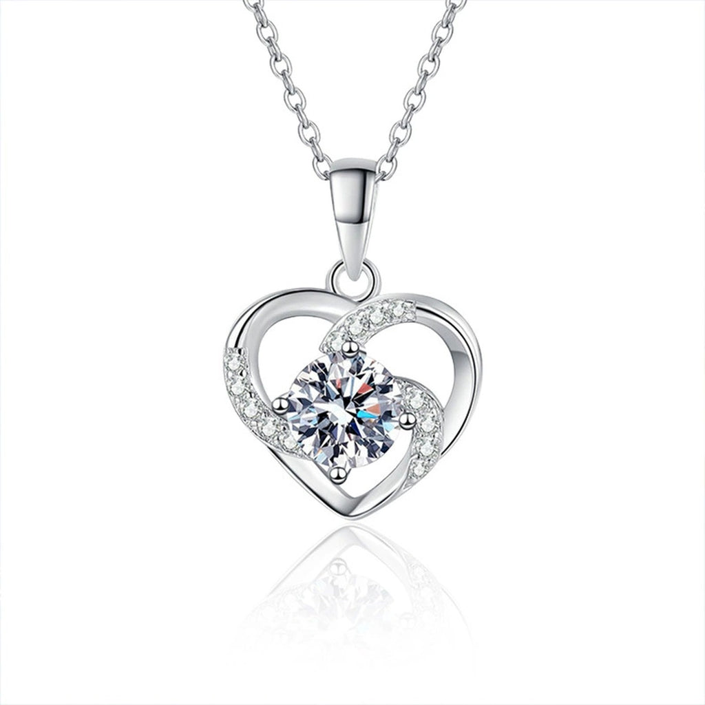 Rotating Star Heart Round Moissanite Necklace with CZ in White Gold-Plated S925 sterling silver white background product photo showing heart pendant with a rotating star-like round moissanite center and CZ accents
