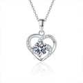 Rotating Star Heart Round Moissanite Necklace with CZ in White Gold-Plated S925 sterling silver white background product photo showing heart pendant with a rotating star-like round moissanite center and CZ accents