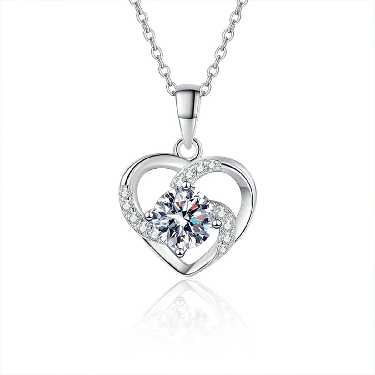 Rotating Star Heart Round Moissanite Necklace with CZ in White Gold-Plated S925 sterling silver white background product photo showing heart pendant with a rotating star-like round moissanite center and CZ accents