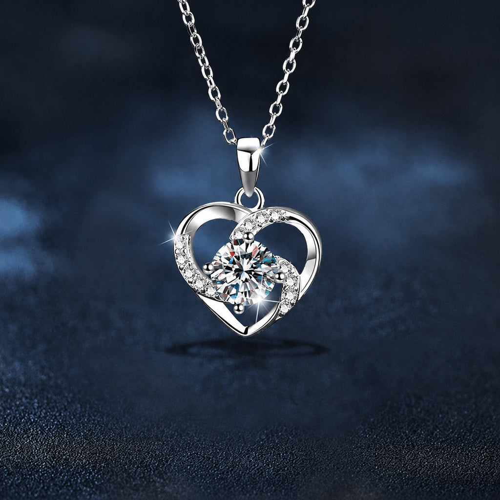 Rotating Star Heart Round Moissanite Necklace with CZ in White Gold-Plated S925 sterling silver close-up product scene showing pendant setting