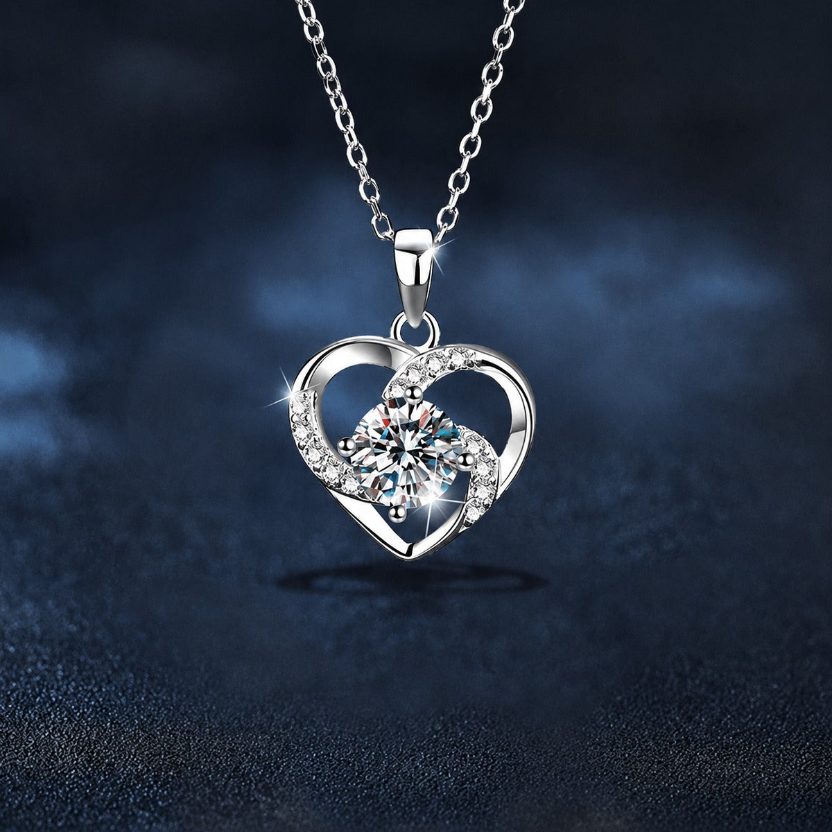 Rotating Star Heart Round Moissanite Necklace with CZ in White Gold-Plated S925 sterling silver close-up product scene showing pendant setting