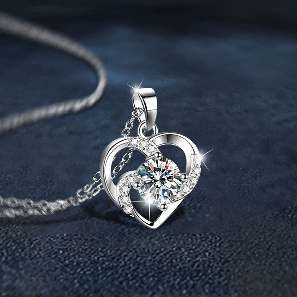 Rotating Star Heart Round Moissanite Necklace with CZ in White Gold-Plated S925 sterling silver blue display scene showing chain and stone layout