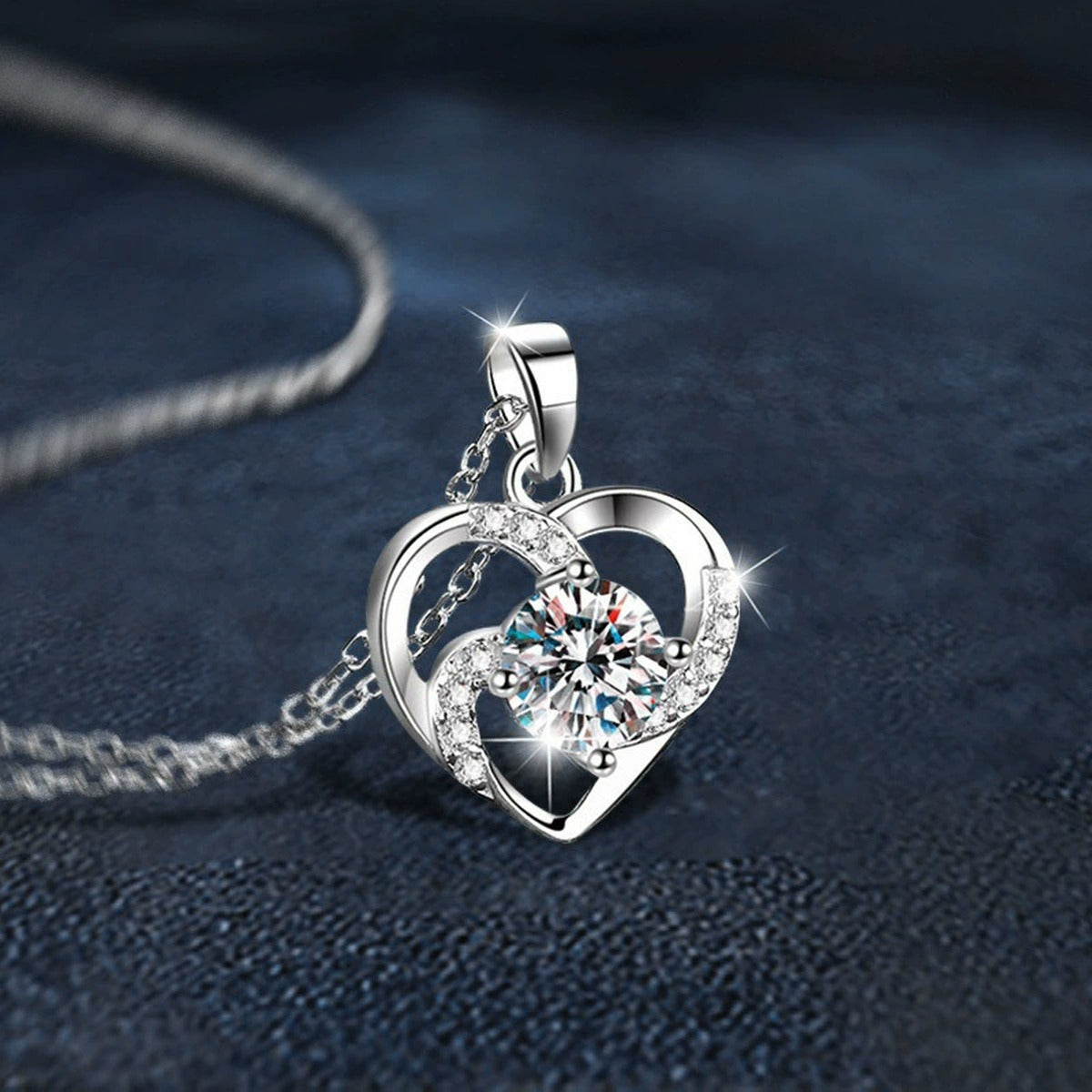 Rotating Star Heart Round Moissanite Necklace with CZ in White Gold-Plated S925 sterling silver blue display scene showing chain and stone layout