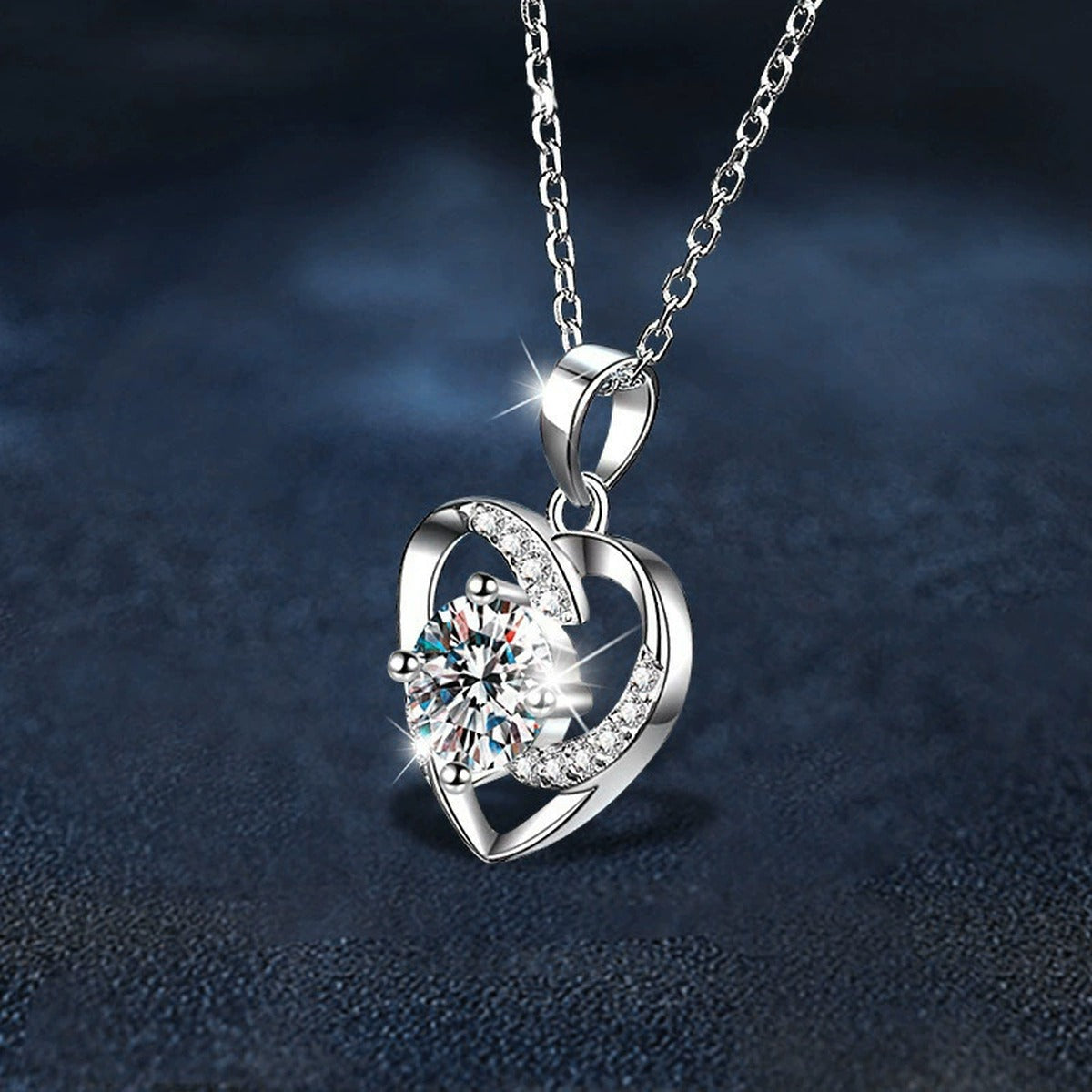 Rotating Star Heart Round Moissanite Necklace with CZ in White Gold-Plated S925 sterling silver angled product detail view