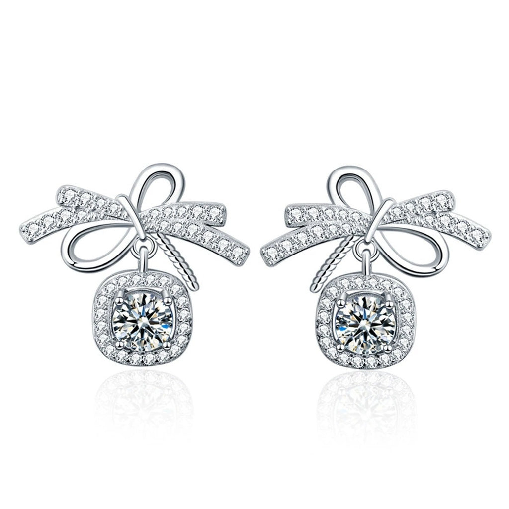 Bowknot Round Moissanite Stud Dangle Earrings with CZ in White Gold-Plated S925 sterling silver white background product photo showing the pair, stone shape, and stud dangle earrings silhouette
