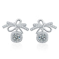 Bowknot Round Moissanite Stud Dangle Earrings with CZ in White Gold-Plated S925 sterling silver white background product photo showing the pair, stone shape, and stud dangle earrings silhouette
