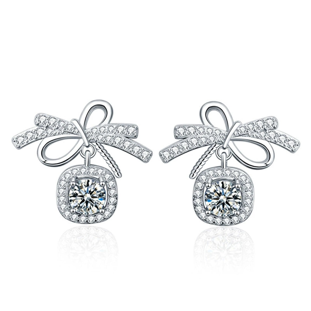 Bowknot Round Moissanite Stud Dangle Earrings with CZ in White Gold-Plated S925 sterling silver white background product photo showing the pair, stone shape, and stud dangle earrings silhouette