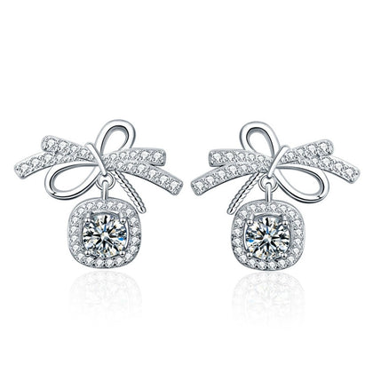 Bowknot Round Moissanite Stud Dangle Earrings with CZ in White Gold-Plated S925 sterling silver white background product photo showing the pair, stone shape, and stud dangle earrings silhouette