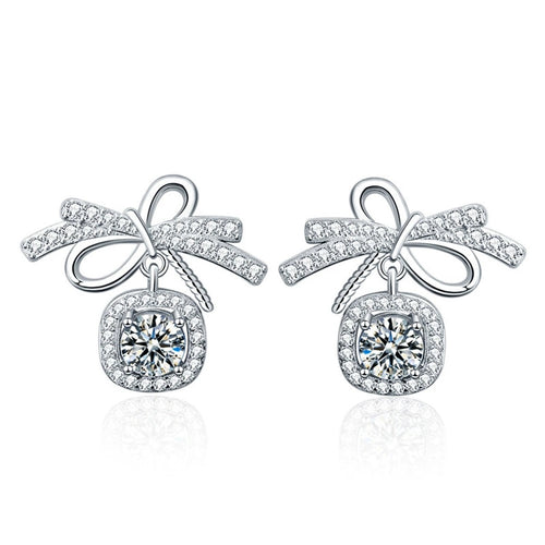 Bowknot Round Moissanite Stud Dangle Earrings with CZ in White Gold-Plated S925 sterling silver white background product photo showing the pair, stone shape, and stud dangle earrings silhouette