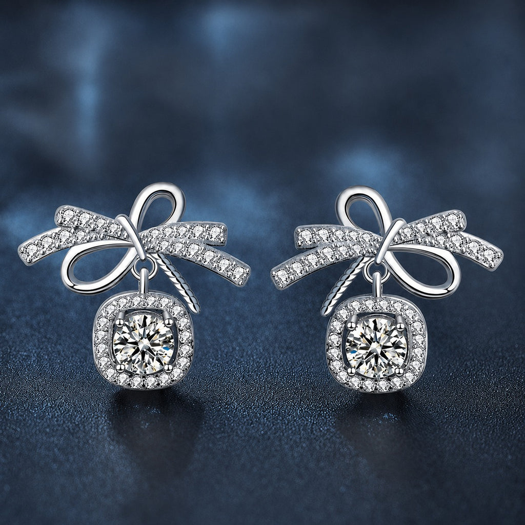 Bowknot Round Moissanite Stud Dangle Earrings with CZ in White Gold-Plated S925 sterling silver product scene view showing front sparkle
