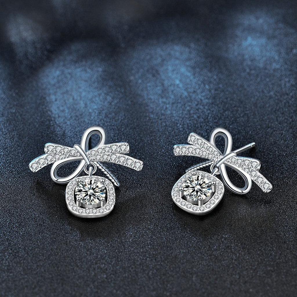 Bowknot Round Moissanite Stud Dangle Earrings with CZ in White Gold-Plated S925 sterling silver product scene view showing side profile