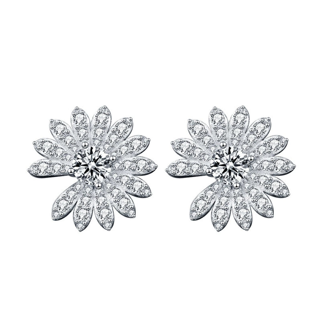 Daisy Round Moissanite Stud Earrings with CZ in White Gold-Plated S925 sterling silver white background product photo showing the pair, stone shape, and stud earrings silhouette