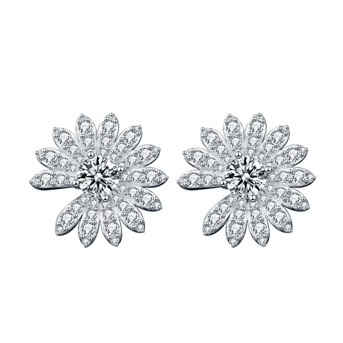Daisy Round Moissanite Stud Earrings with CZ in White Gold-Plated S925 sterling silver white background product photo showing the pair, stone shape, and stud earrings silhouette
