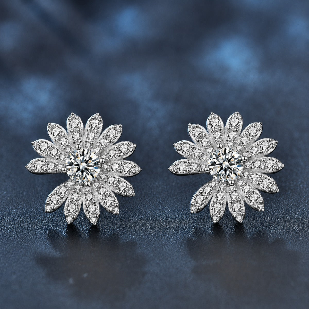 Daisy Round Moissanite Stud Earrings with CZ in White Gold-Plated S925 sterling silver product scene view showing front sparkle