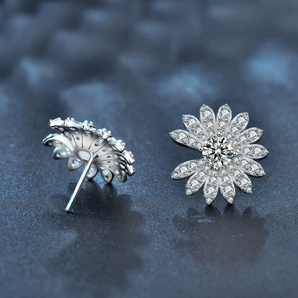Daisy Round Moissanite Stud Earrings with CZ in White Gold-Plated S925 sterling silver product scene view showing angled setting detail