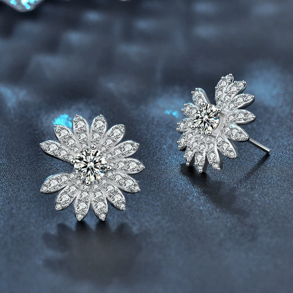 Daisy Round Moissanite Stud Earrings with CZ in White Gold-Plated S925 sterling silver product scene view showing side profile