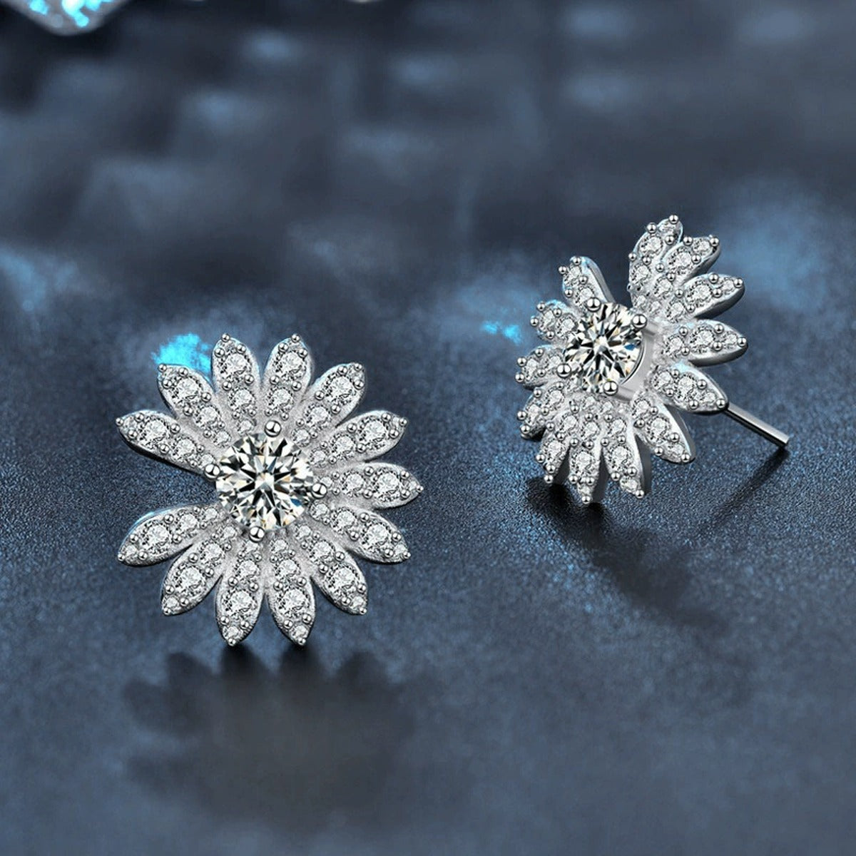 Daisy Round Moissanite Stud Earrings with CZ in White Gold-Plated S925 sterling silver product scene view showing side profile