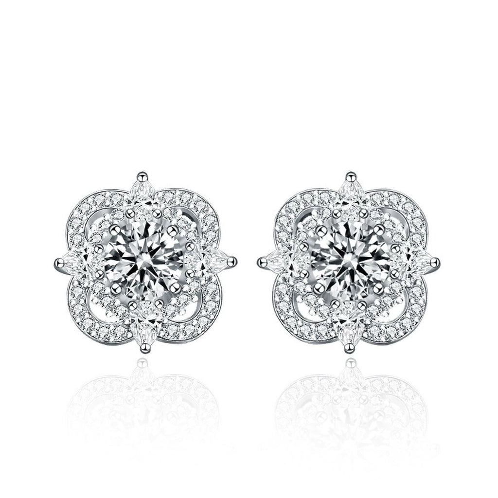 Star Round Moissanite Stud Earrings with CZ in White Gold-Plated S925 sterling silver white background product photo showing the pair, stone shape, and stud earrings silhouette