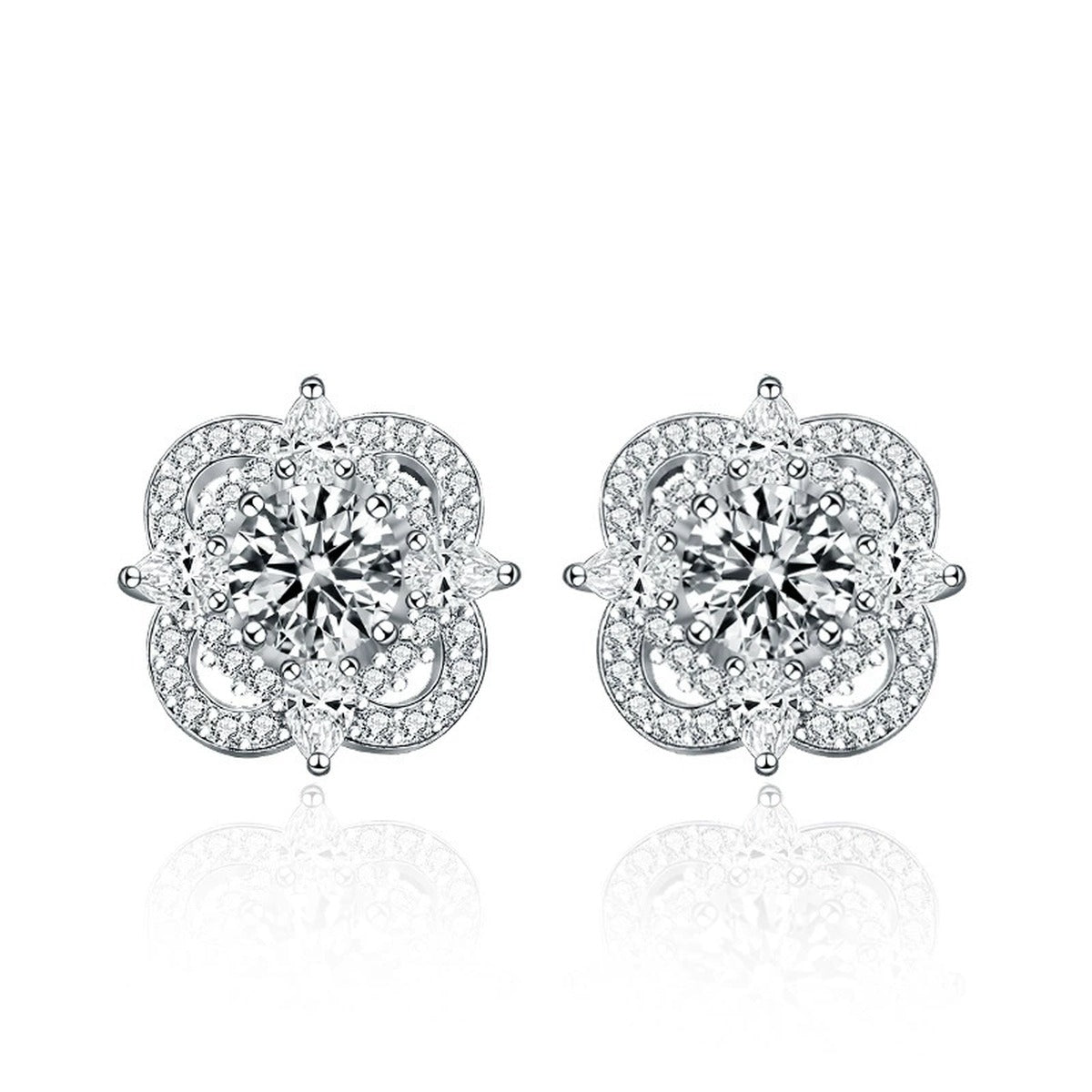 Star Round Moissanite Stud Earrings with CZ in White Gold-Plated S925 sterling silver white background product photo showing the pair, stone shape, and stud earrings silhouette