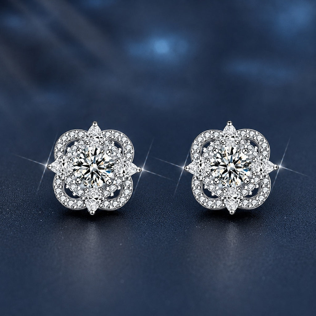 Star Round Moissanite Stud Earrings with CZ in White Gold-Plated S925 sterling silver product scene view showing front sparkle