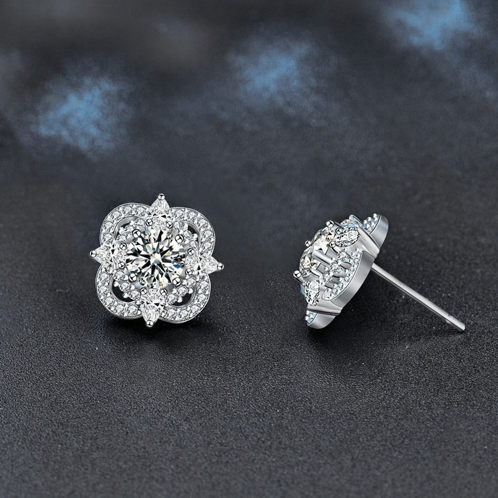 Star Round Moissanite Stud Earrings with CZ in White Gold-Plated S925 sterling silver product scene view showing angled setting detail