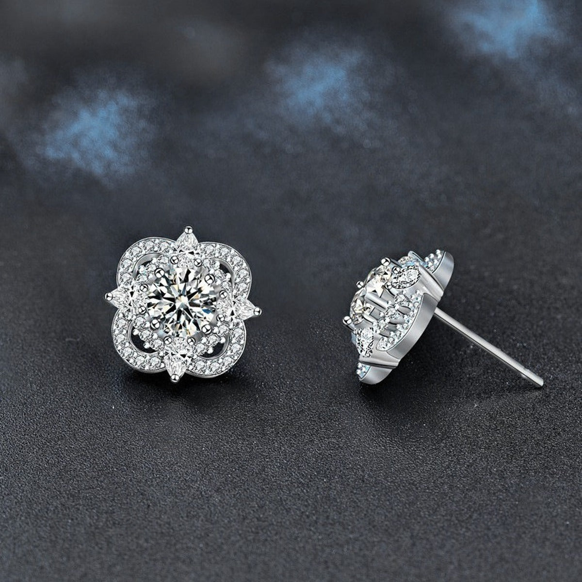 Star Round Moissanite Stud Earrings with CZ in White Gold-Plated S925 sterling silver product scene view showing angled setting detail