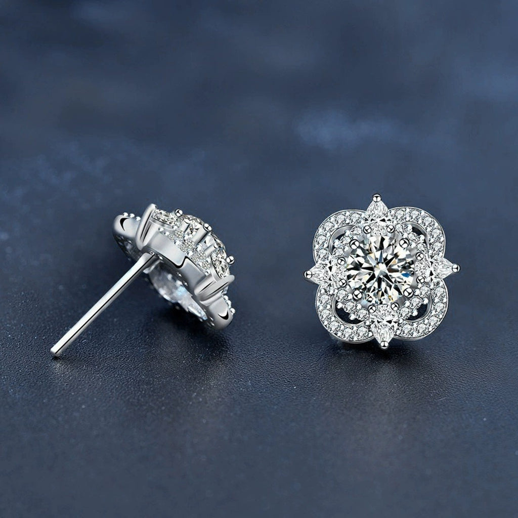 Star Round Moissanite Stud Earrings with CZ in White Gold-Plated S925 sterling silver product scene view showing side profile