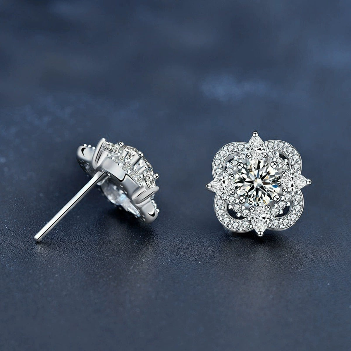 Star Round Moissanite Stud Earrings with CZ in White Gold-Plated S925 sterling silver product scene view showing side profile
