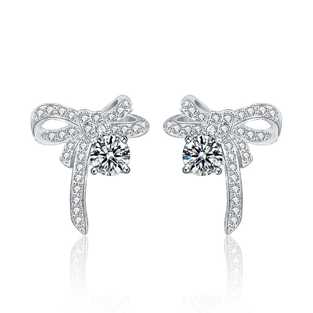 Ribbon Bow Round Moissanite Stud Earrings with CZ in White Gold-Plated S925 sterling silver white background product photo showing the pair, stone shape, and stud earrings silhouette