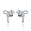 Ribbon Bow Round Moissanite Stud Earrings with CZ in White Gold-Plated S925 sterling silver white background product photo showing the pair, stone shape, and stud earrings silhouette