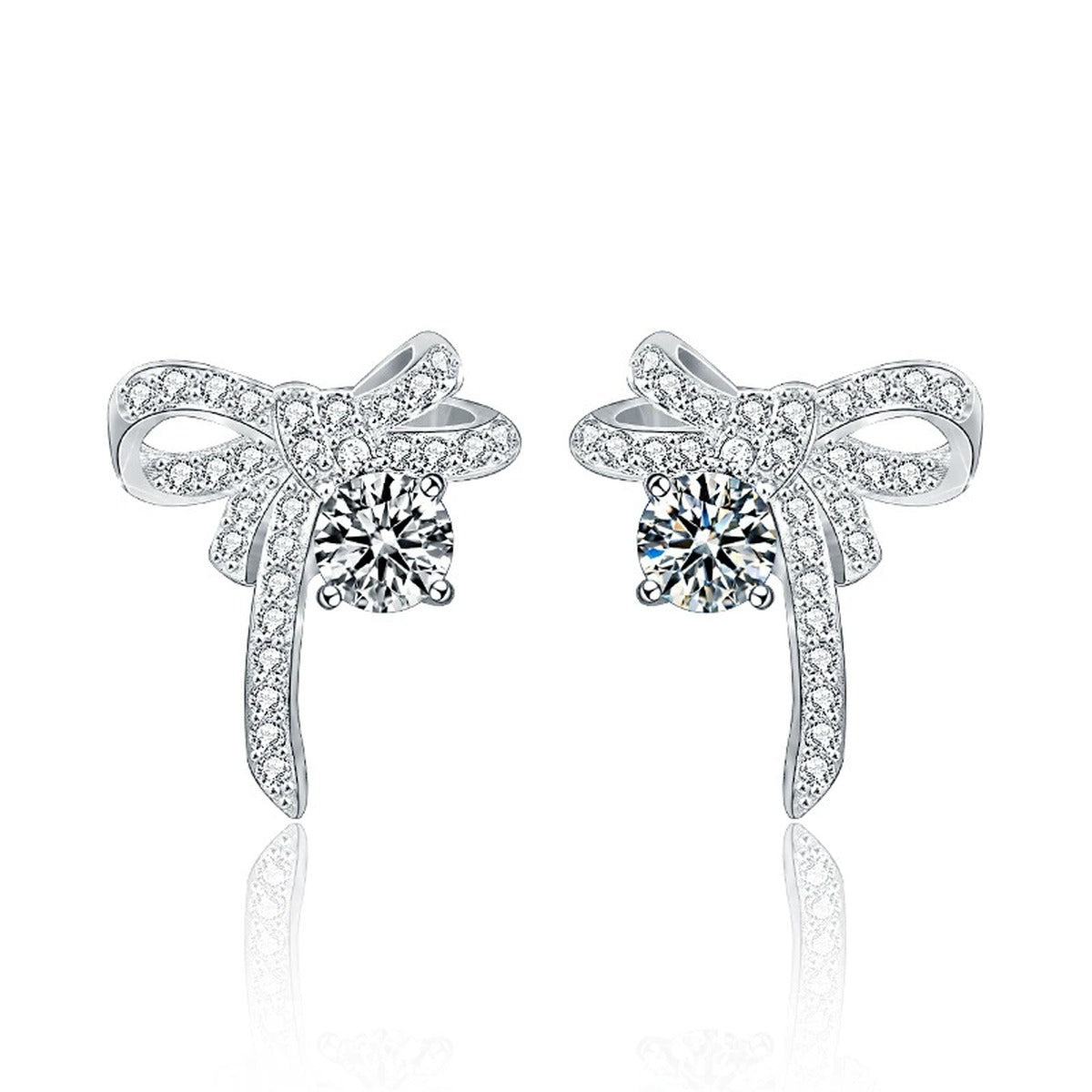 Ribbon Bow Round Moissanite Stud Earrings with CZ in White Gold-Plated S925 sterling silver white background product photo showing the pair, stone shape, and stud earrings silhouette