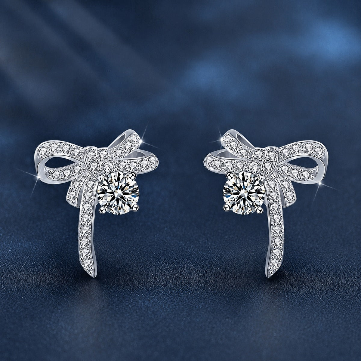 Ribbon Bow Round Moissanite Stud Earrings with CZ in White Gold-Plated S925 sterling silver product scene view showing front sparkle
