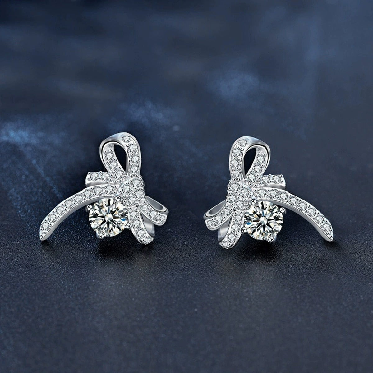 Ribbon Bow Round Moissanite Stud Earrings with CZ in White Gold-Plated S925 sterling silver product scene view showing side profile